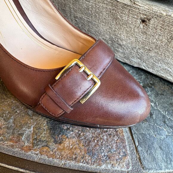 Cole Haan Nike Air Brown Leather Stiletto Heels 10B Gold Buckle Classy Coquette - Picture 5 of 10